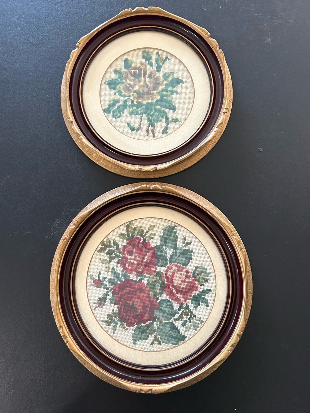 Vtg Round Framed Floral Cross-Stitch Wall Art Set